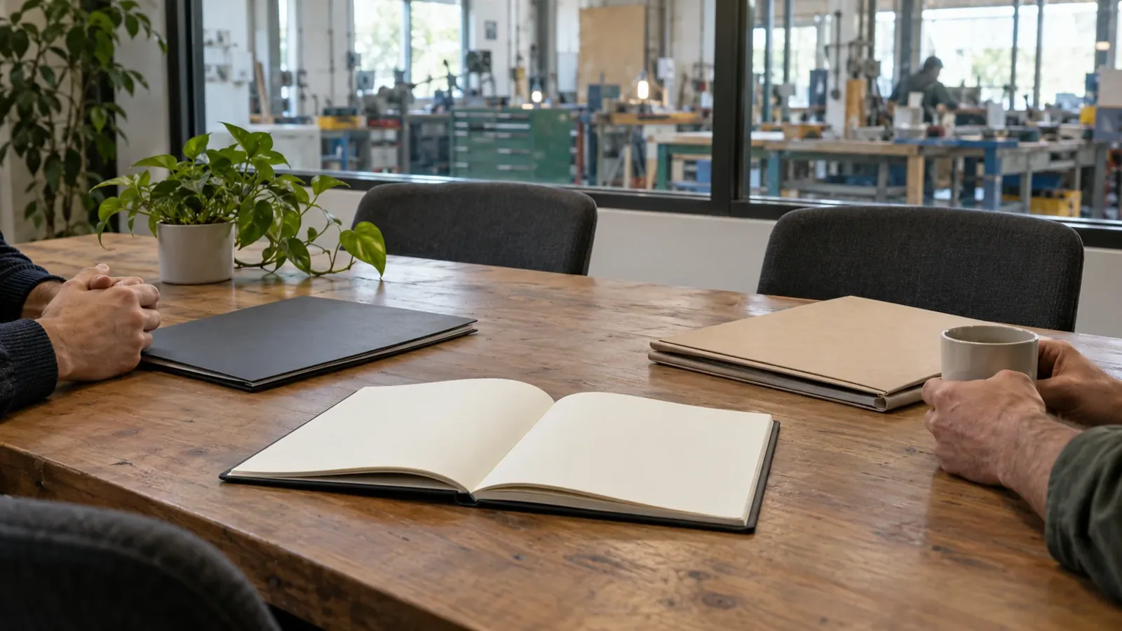 Table de réunion préparée pour un échange sur l’organisation du travail.