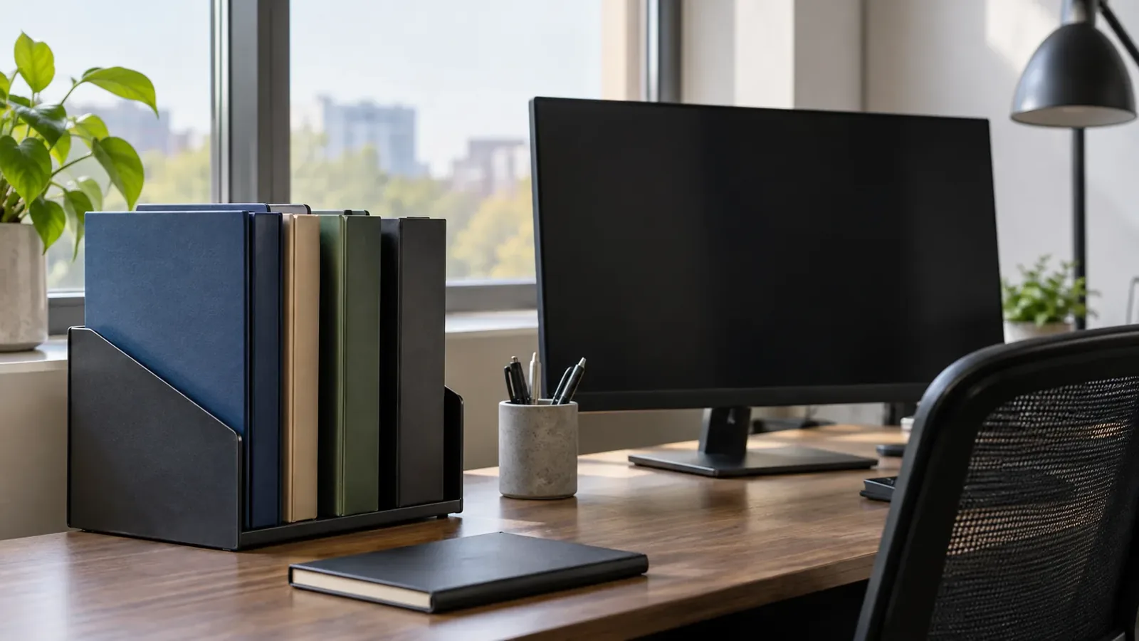 Documents de travail et ordinateur sur un bureau, sans information personnelle lisible.