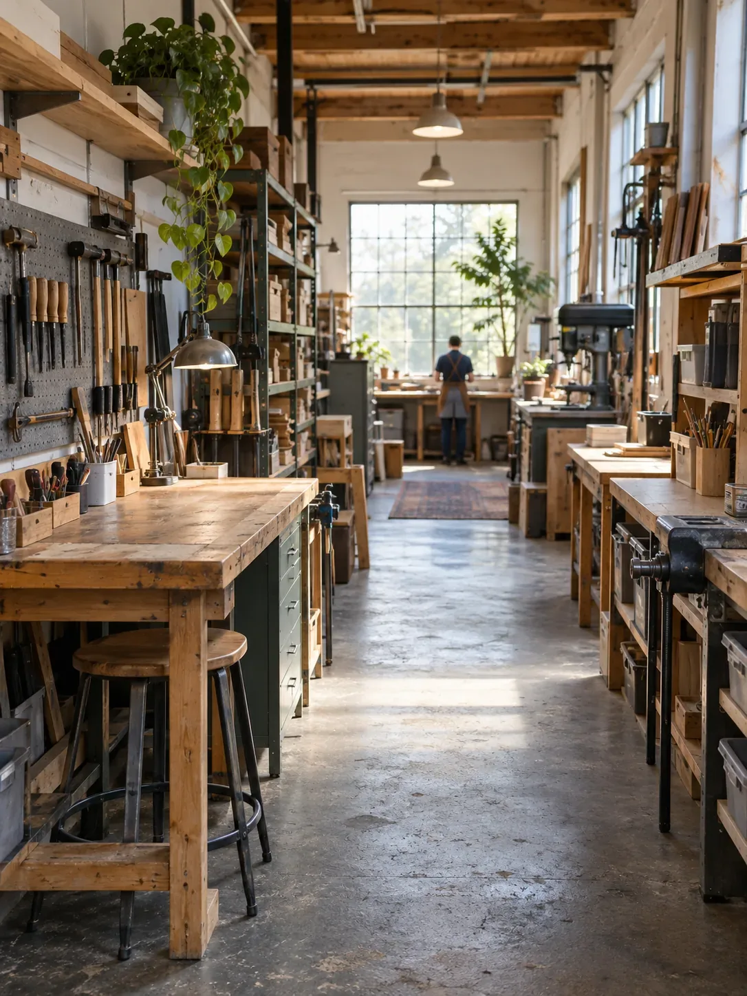 Postes de travail dans un atelier de PME, avec une allée de circulation dégagée.